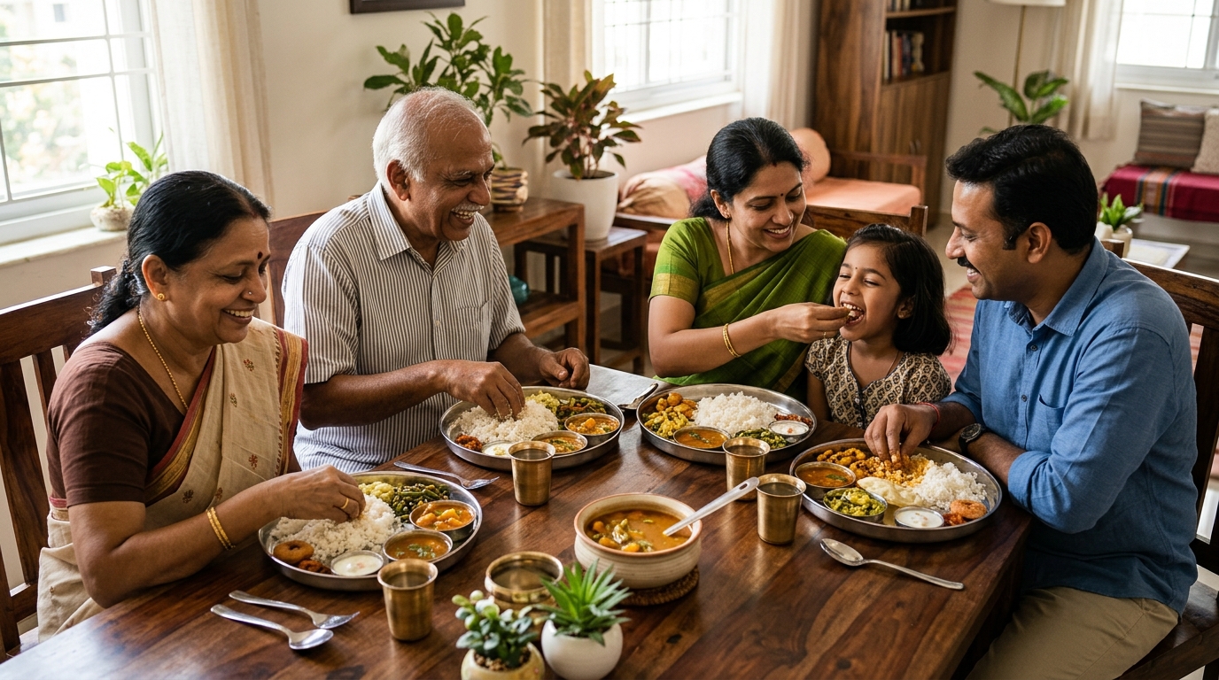 South Indian family eating fresh homemade thali